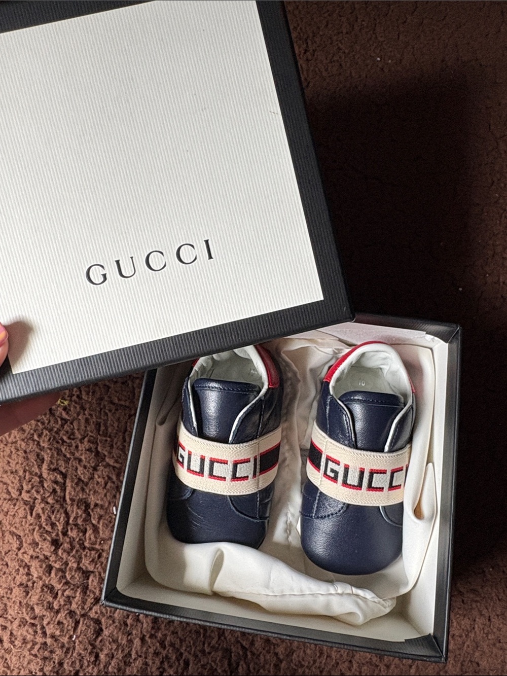 Gucci Navy Leather Baby Sneakers with Red and White Logo Strap